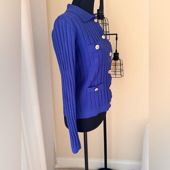 ANN TAYLOR BLUE RIBBED COLLARED POCKET CASUAL CHUNKY COZY SWEATER SZ SMALL - Picture 4 of 8